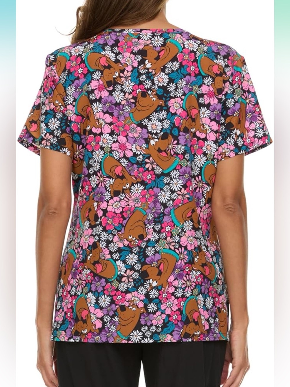 Women's Floral Scooby-Doo Print Scrub Top - Black/Pink - Picture 2 of 3